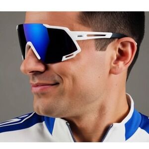 Sunglasses Polarized Sports White Frame Blue Mirror Lens Outdoor Ski Beach Style